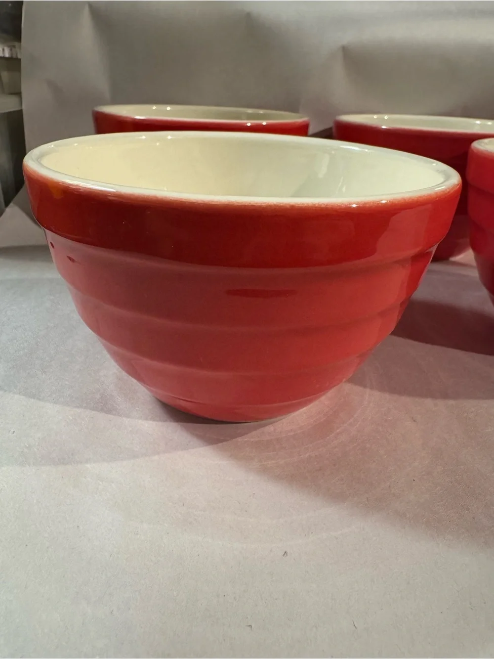 Lot 4 Crate & Barrel Parker ribbed beehive nesting bowls red w/cream interior